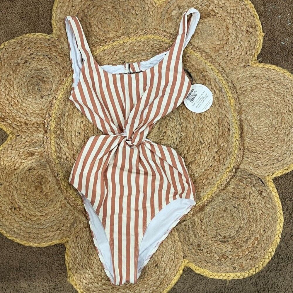 Lost + Wander Desert Stripe Twist One Piece Swimsuit Cream Brown Bathing Sz S